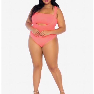 2 Piece Opaque Bandeau And Suspender Bodysuit Coral Plus Size