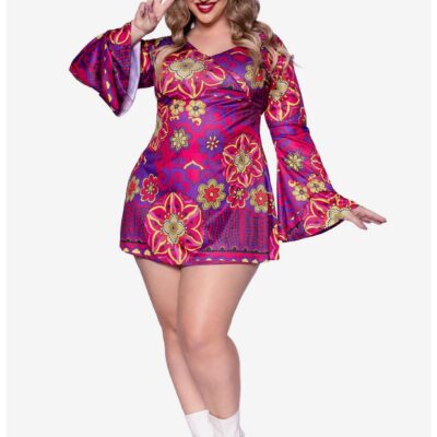 Retro Print Bell Sleeves Go Go Dress with Headband Plus Size